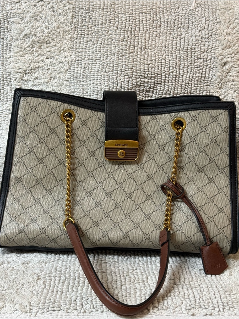 Nine West Beige Canvas Tote with Brown Trim and Gold Chain